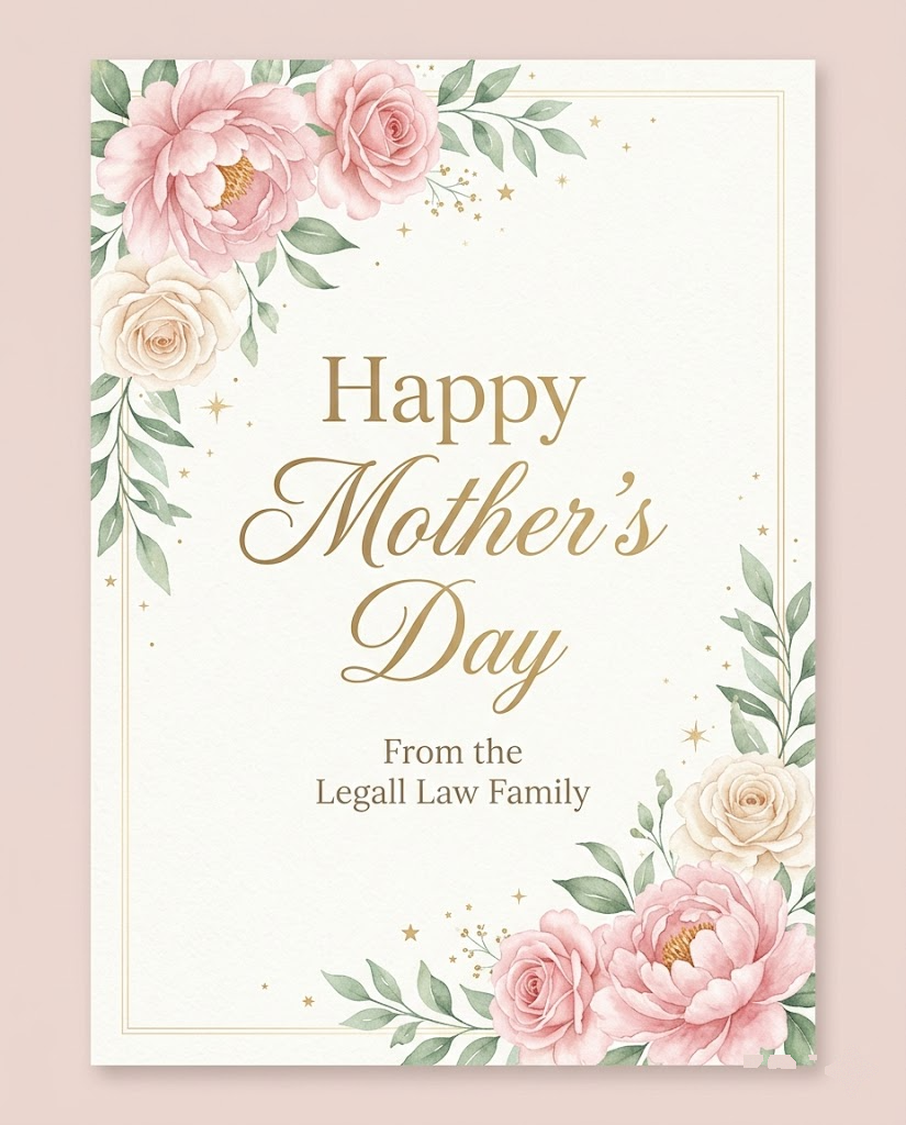 Happy Mother's Day card from the Legall Law Family — watercolor peonies and roses with gold script lettering